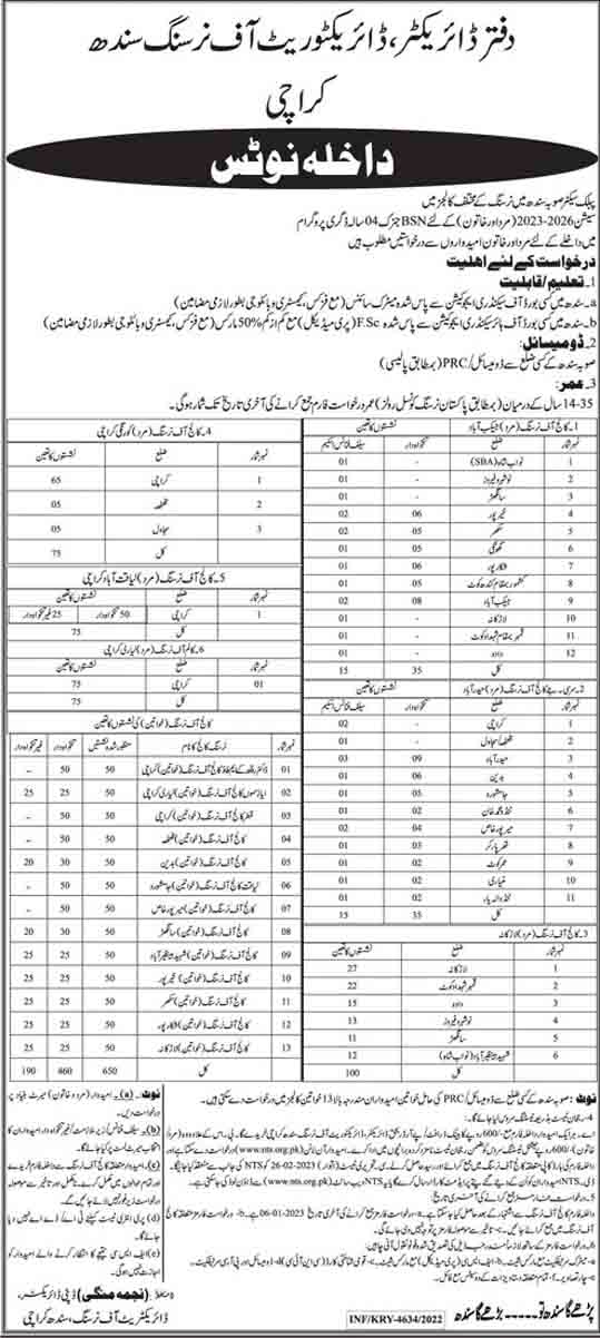 Directorate of Nursing Sindh Karachi NTS Admission 2023